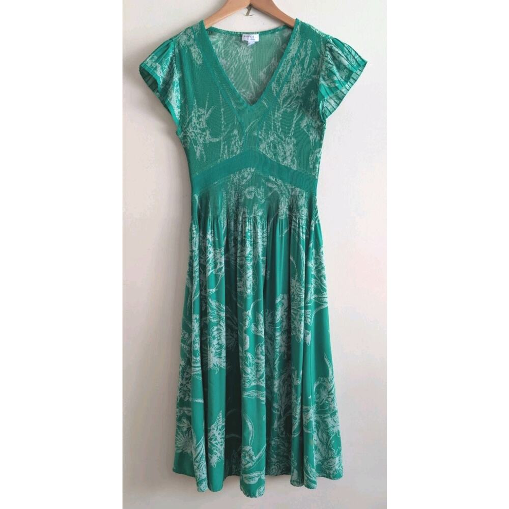 Anthropologie Current Air Green‎ Floral Midi Dress XS Flutter Sleeve Fairy boho